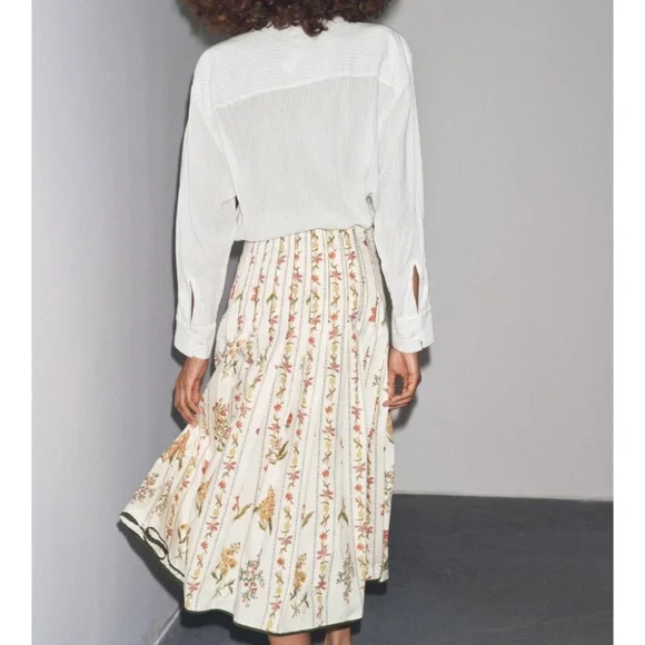 Zara 🔥 Pleated Floral Midi Skirt Botanical Flowy Cottagecore Prairie Cotton XL - Picture 7 of 16